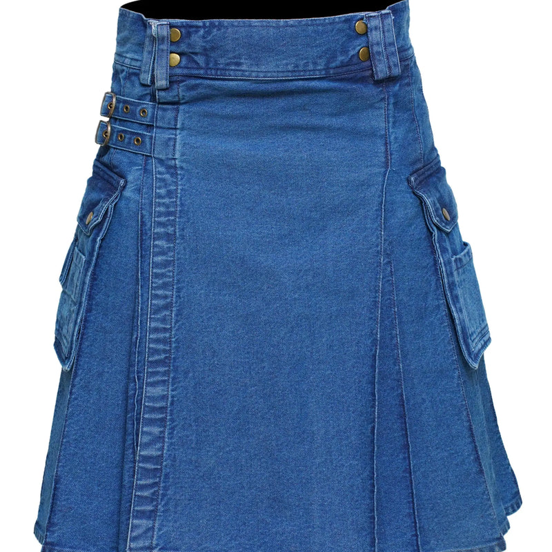 Men's Deluxe Utility Denim Kilt - Modern Utility Kilt for Men, Authentic Jean Kilts with Tactical Style All Safe International