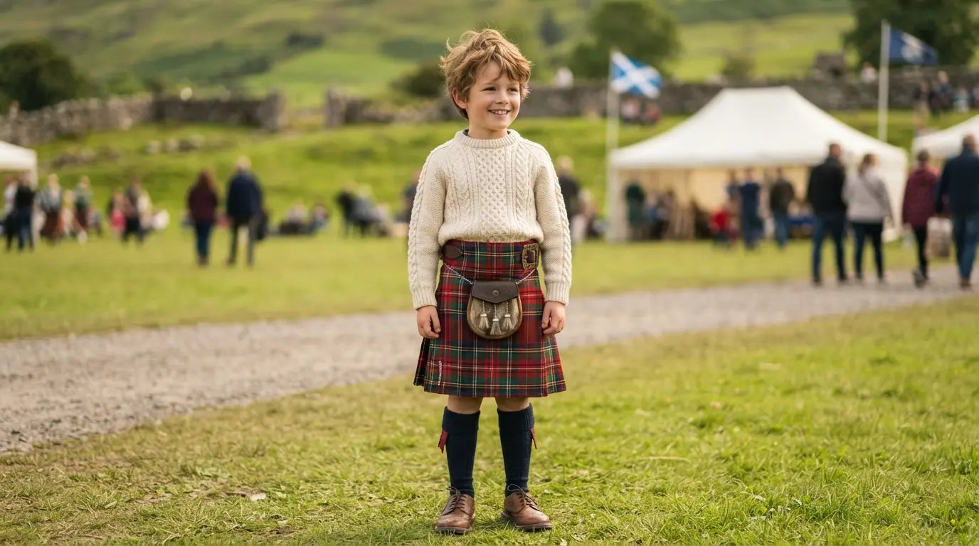 Boy wearing AllSafeShop red tartan kids kilt with matching sporran at outdoor Highland event