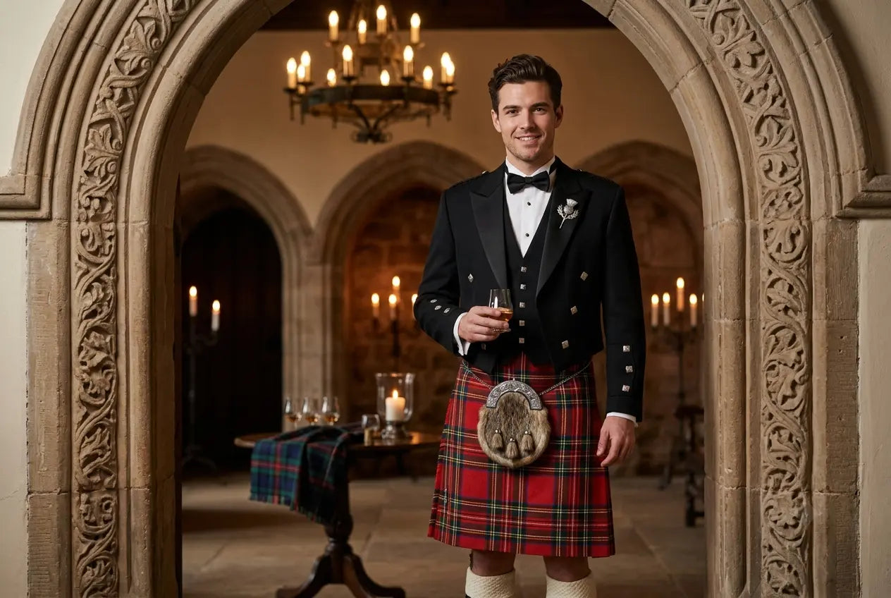 All Safe Shop Prince Charlie Jacket and Vest with red tartan kilt for weddings