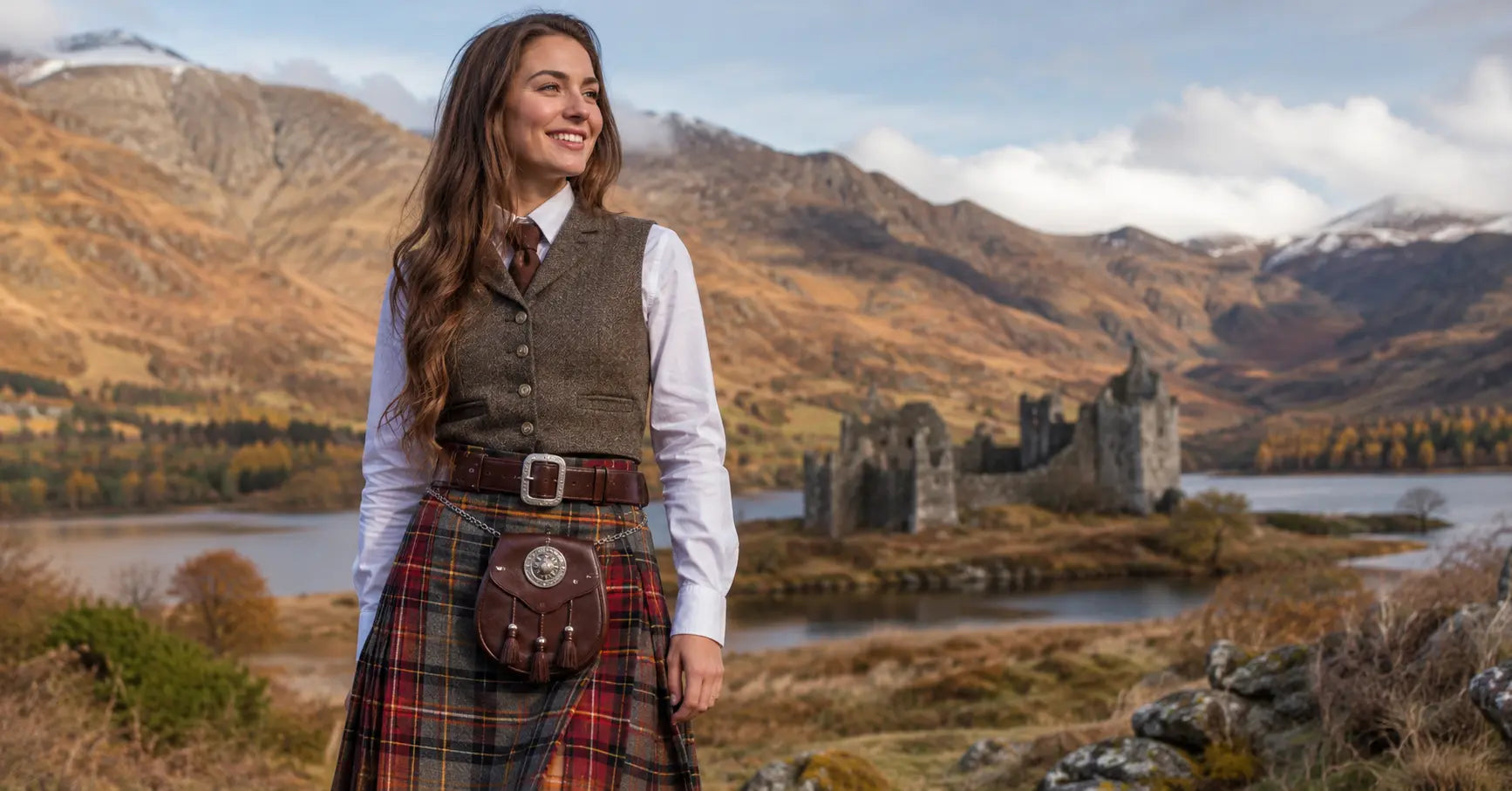 Woman wearing a Women Tartan Kilts outfit with tweed waistcoat, leather belt, and sporran, standing near a Scottish castle and loch.