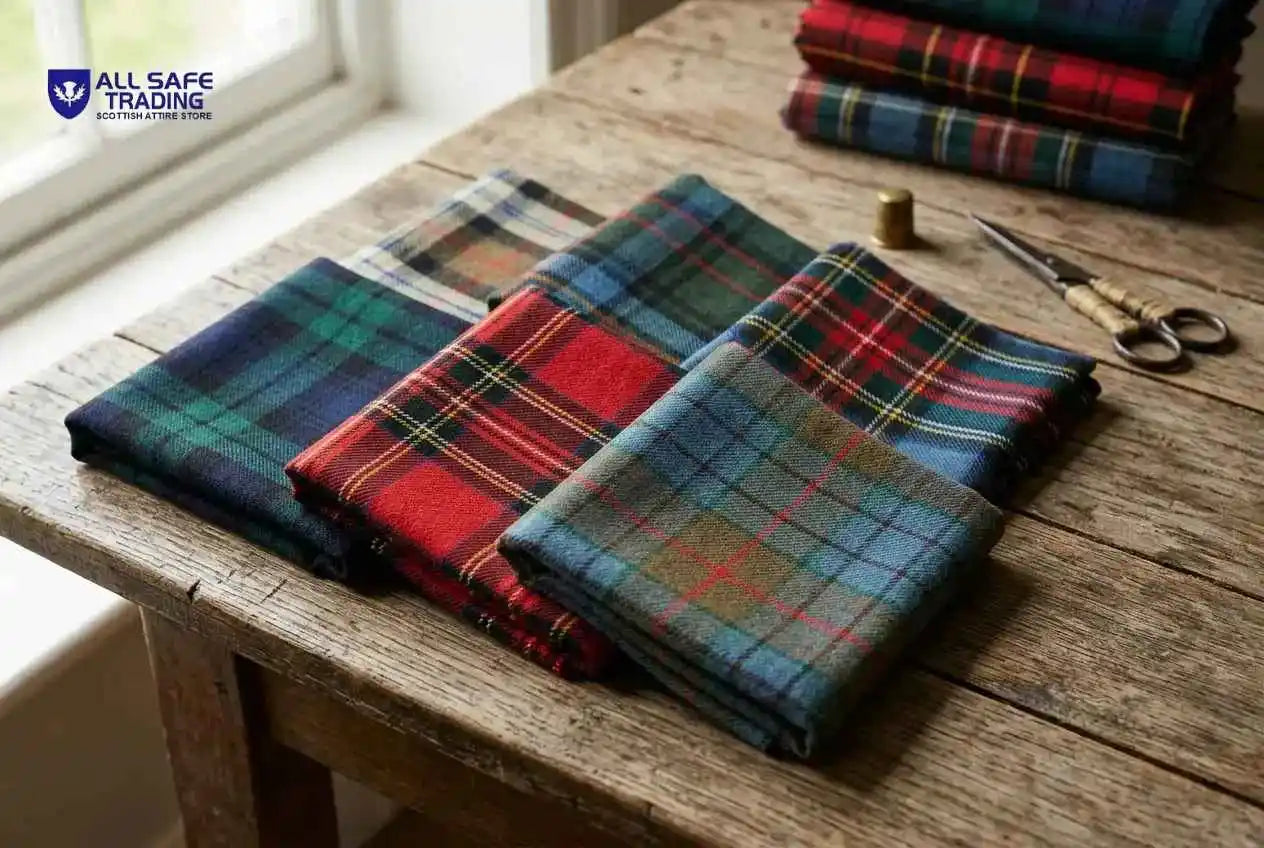All Safe Trading Scottish tartan fabric swatches in Black Watch and Royal Stewart patterns