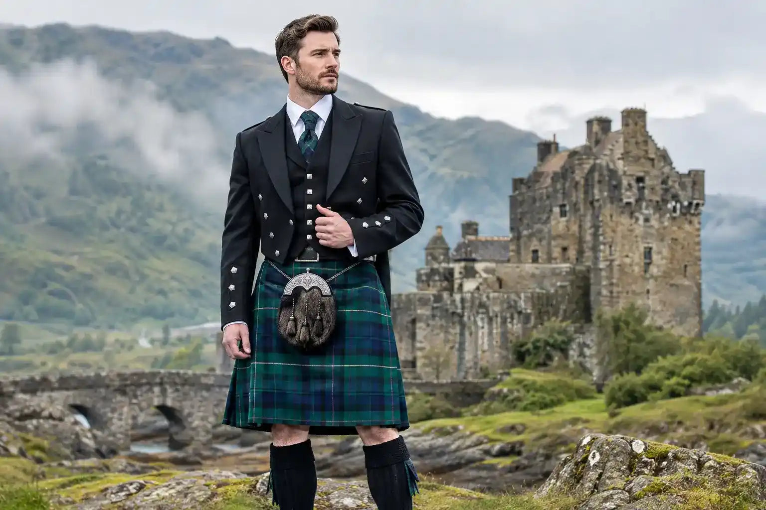 Man standing in a perfectly fitted adjustable tartan kilt with an Argyll jacket and leather sporran by All Safe Shop, offering flexible sizing and maximum comfort in front of a Scottish castle backdrop