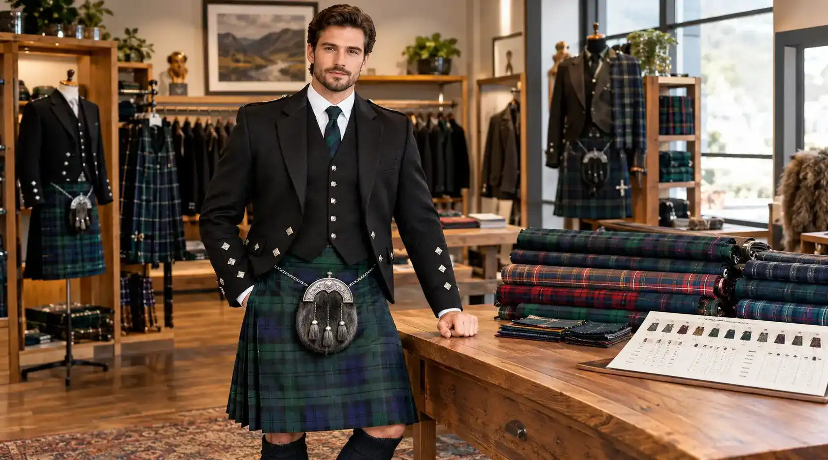 AllSafeShop Black Watch tartan Scottish kilt with Prince Charlie jacket and sporran.
