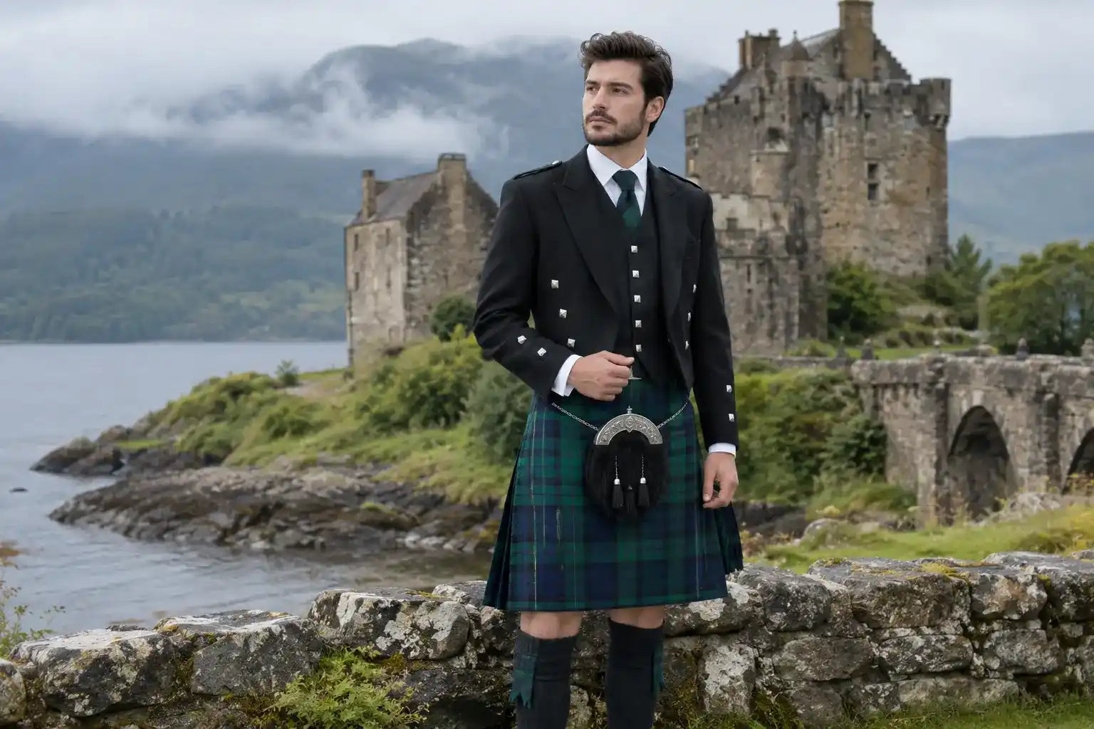 Man wearing a traditional Highland kilt outfit with Argyll jacket and sporran by All Safe Shop, set against a Scottish castle backdrop.