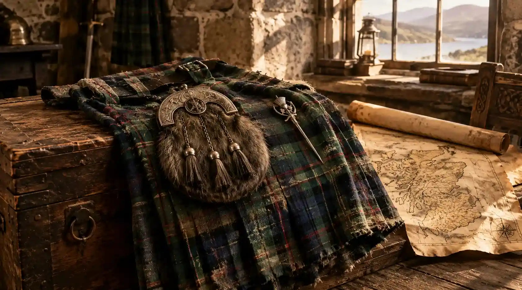 All Safe Shop traditional Scottish kilt history wool tartan with antique sporran.