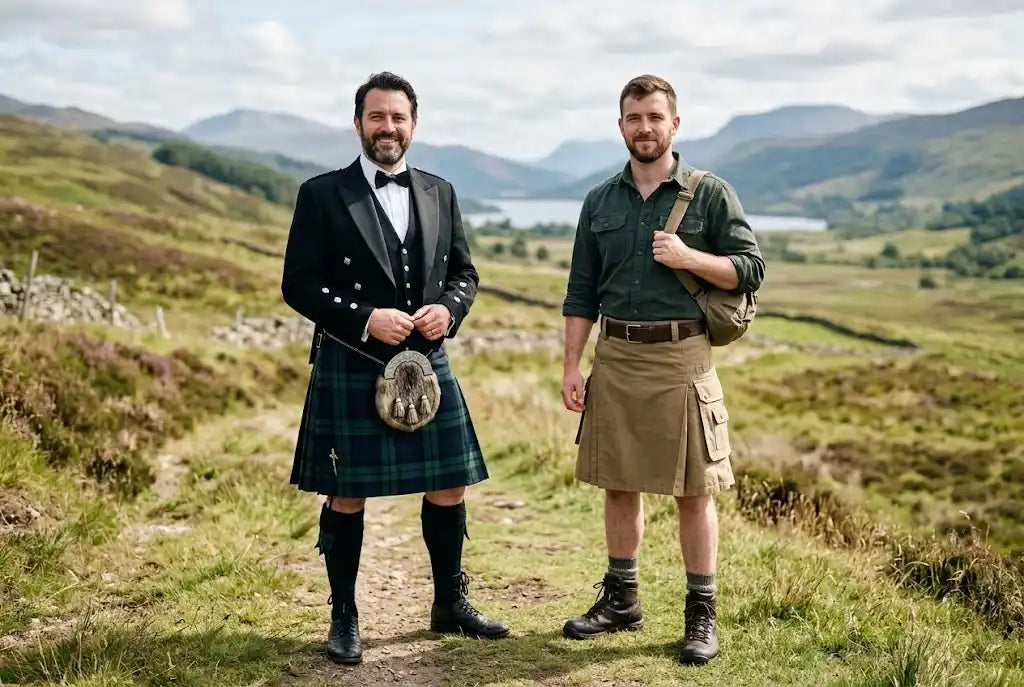 All Safe Shop traditional tartan kilt and utility kilt comparison in Scottish Highlands