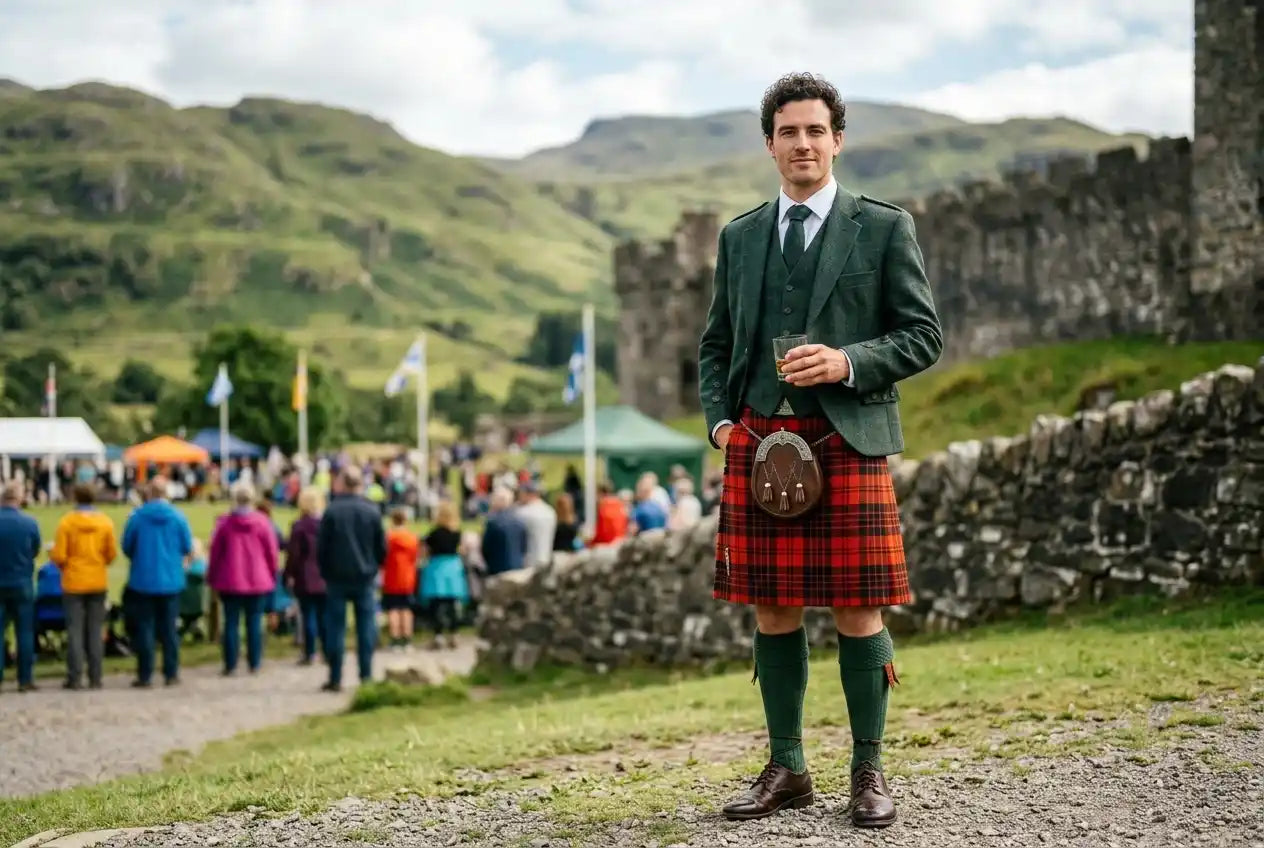 Man wearing AllSafeShop Argyle kilt jacket and waistcoat with sporran at Scottish castle