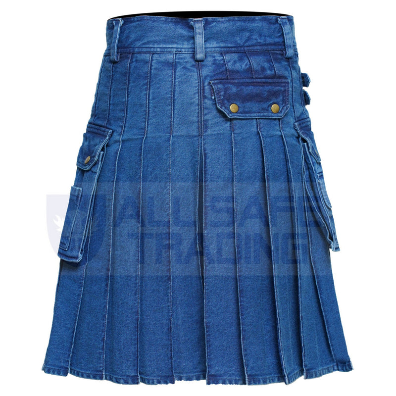 Stylish Men’s Blue Denim Utility Pockets Kilt