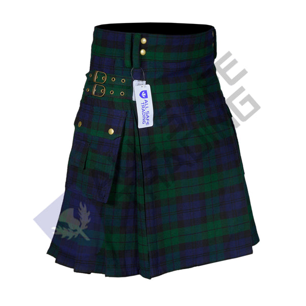 Scottish Men's Modern Black Watch 16oz Tartan Pockets Utility Kilt, Cargo Kilt