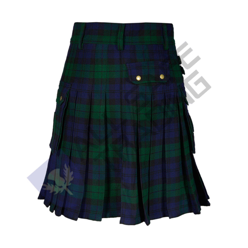 Scottish Men's Modern Black Watch 16oz Tartan Pockets Utility Kilt, Cargo Kilt