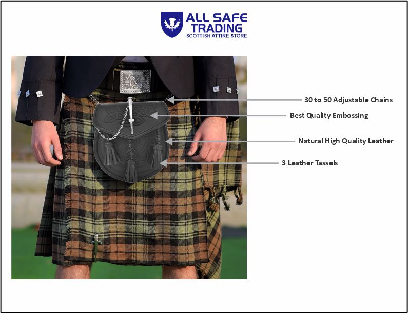 Premium Leather Sporran for Men - Ideal Kilt Accessories for Men, Scottish Kilt Sporran with Chain Belt Art # 10