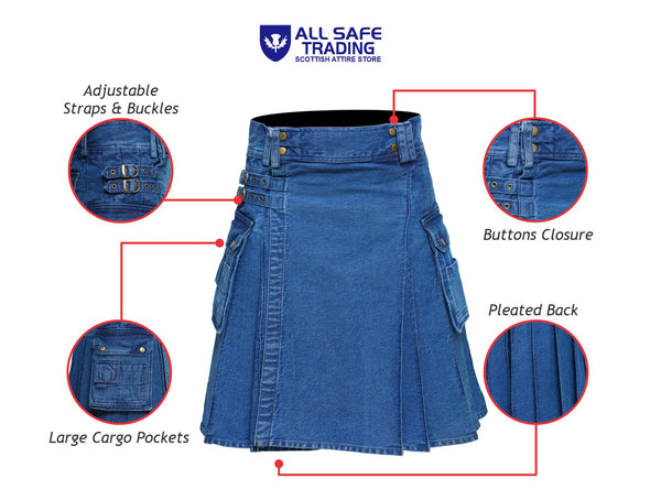 Men's Deluxe Utility Denim Kilt - Modern Utility Kilt for Men, Authentic Jean Kilts with Tactical Style