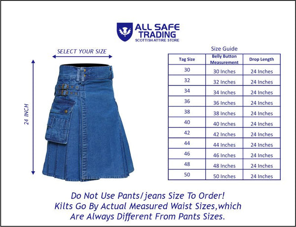 Men's Deluxe Utility Denim Kilt - Modern Utility Kilt for Men, Authentic Jean Kilts with Tactical Style