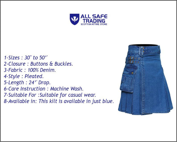 Men's Deluxe Utility Denim Kilt - Modern Utility Kilt for Men, Authentic Jean Kilts with Tactical Style