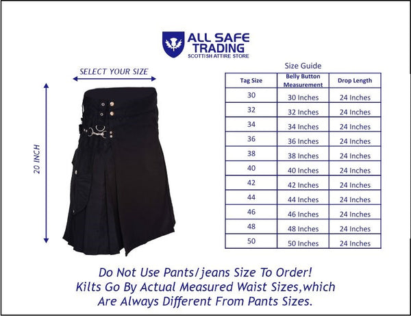 Active Men's Black utility kilt 100% Cotton, Cargo Pocket Kilt for Men| Men's Kilt | Utility Kilt |Tartan Kilts for Men for Scottish Kilt Costume