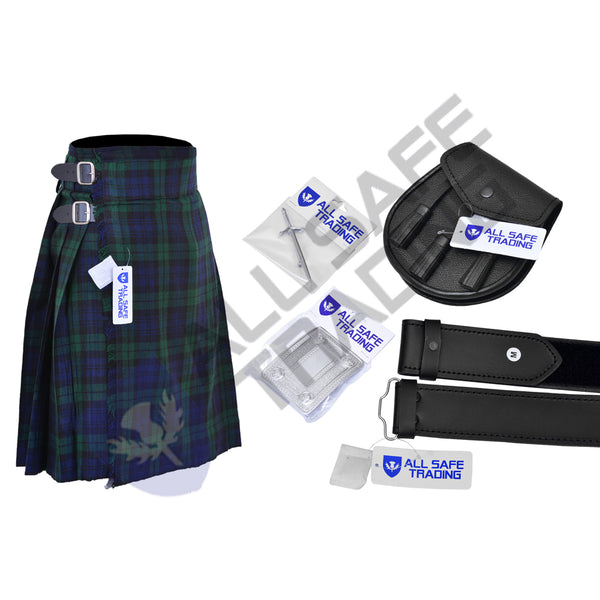 Men's Scottish 6 Piece Casual Kilt Outfit with Sporran, Black Watch Tartan Kilt