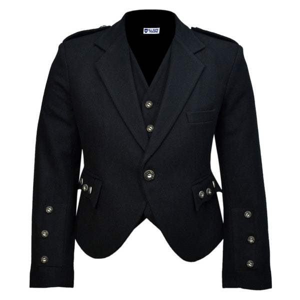 Scottish Black Tweed Argyle Kilt Jacket With Waistcoat/Vest - Sizes 36"- 54"