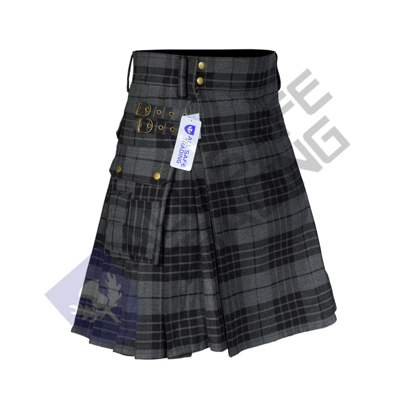 Scottish Men's Modern Grey Watch 16oz Tartan Pockets Utility Kilt, Cargo Kilt