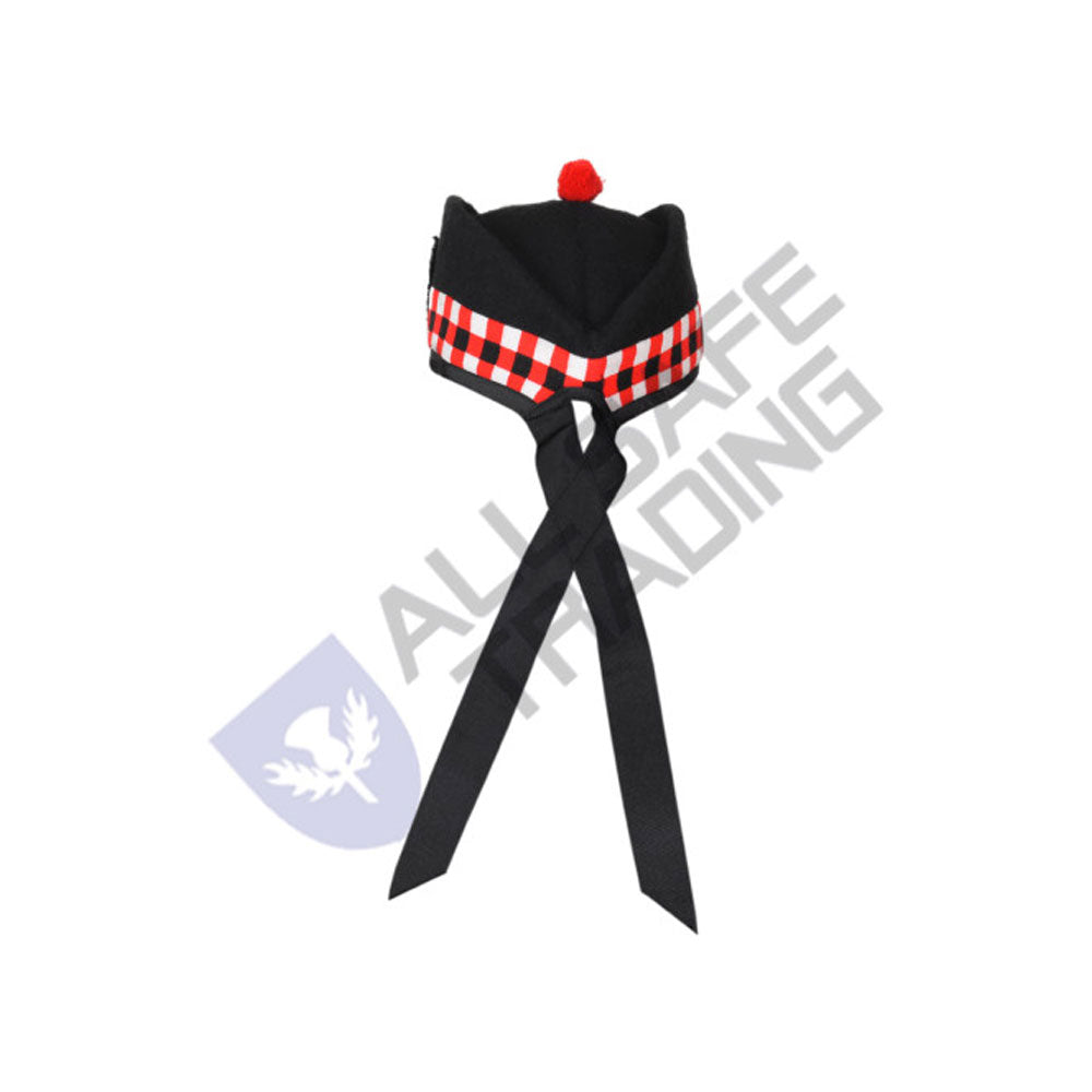 Scottish Black Wool Glengarry Dice Hat with Red Pompom