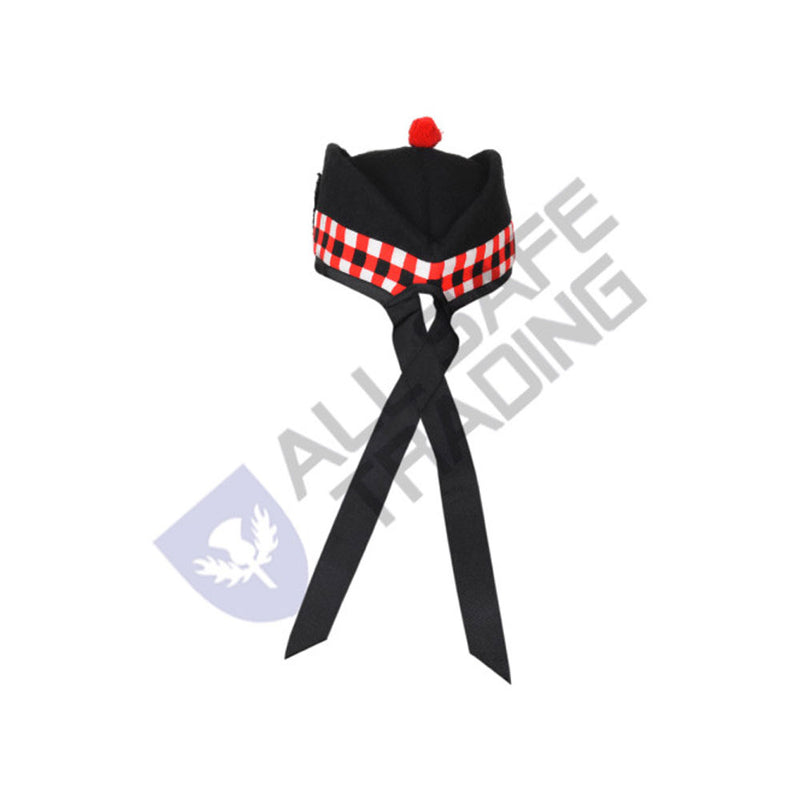 Scottish Black Wool Glengarry Dice Hat with Red Pompom