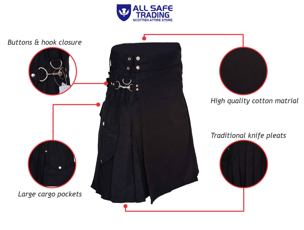 Active Men's Black utility kilt 100% Cotton, Cargo Pocket Kilt for Men| Men's Kilt | Utility Kilt |Tartan Kilts for Men for Scottish Kilt Costume
