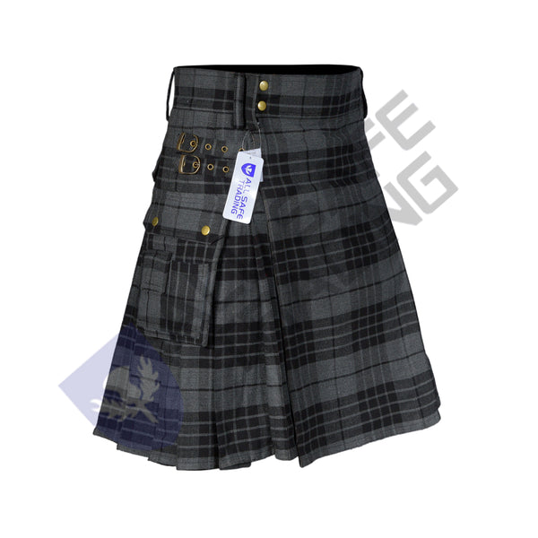 Scottish Men's Modern Grey Watch 16oz Tartan Pockets Utility Kilt, Cargo Kilt