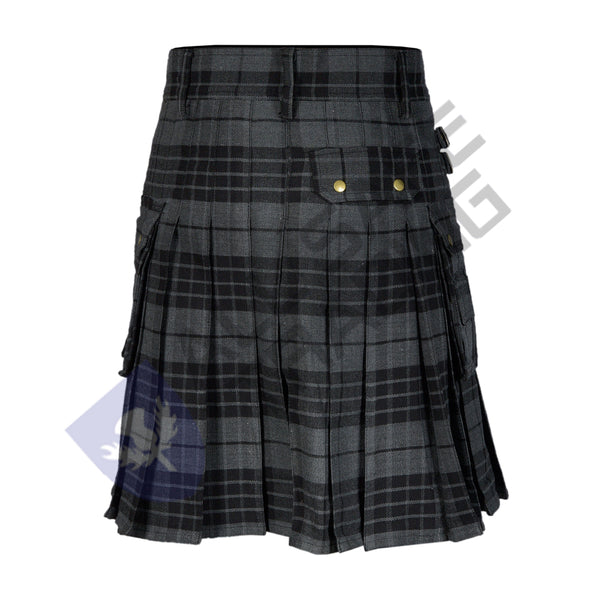 Scottish Men's Modern Grey Watch 16oz Tartan Pockets Utility Kilt, Cargo Kilt