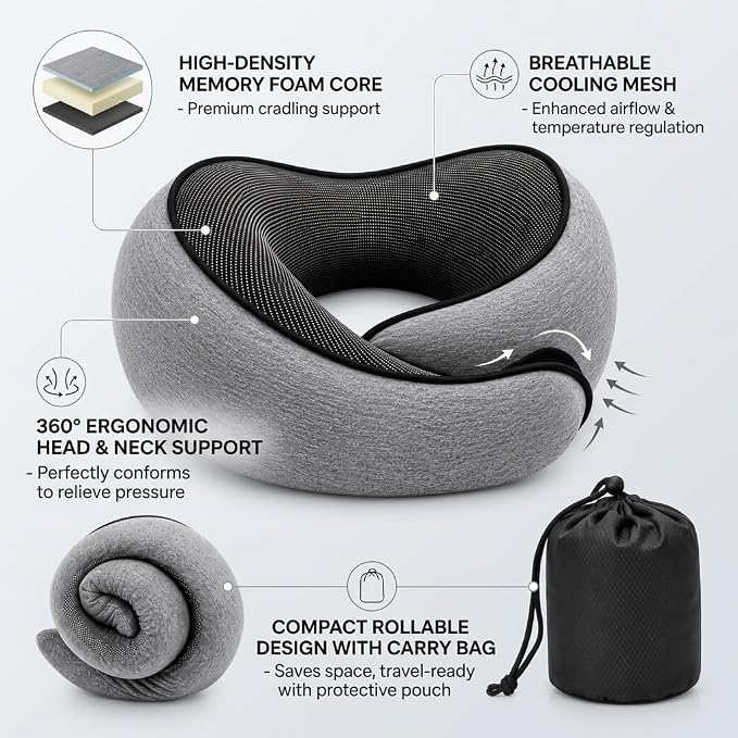 Memory Foam Travel Neck Pillow for Airplane, Car, Sleep