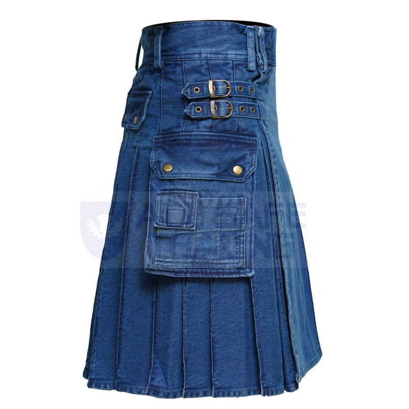 Stylish Men’s Blue Denim Utility Pockets Kilt