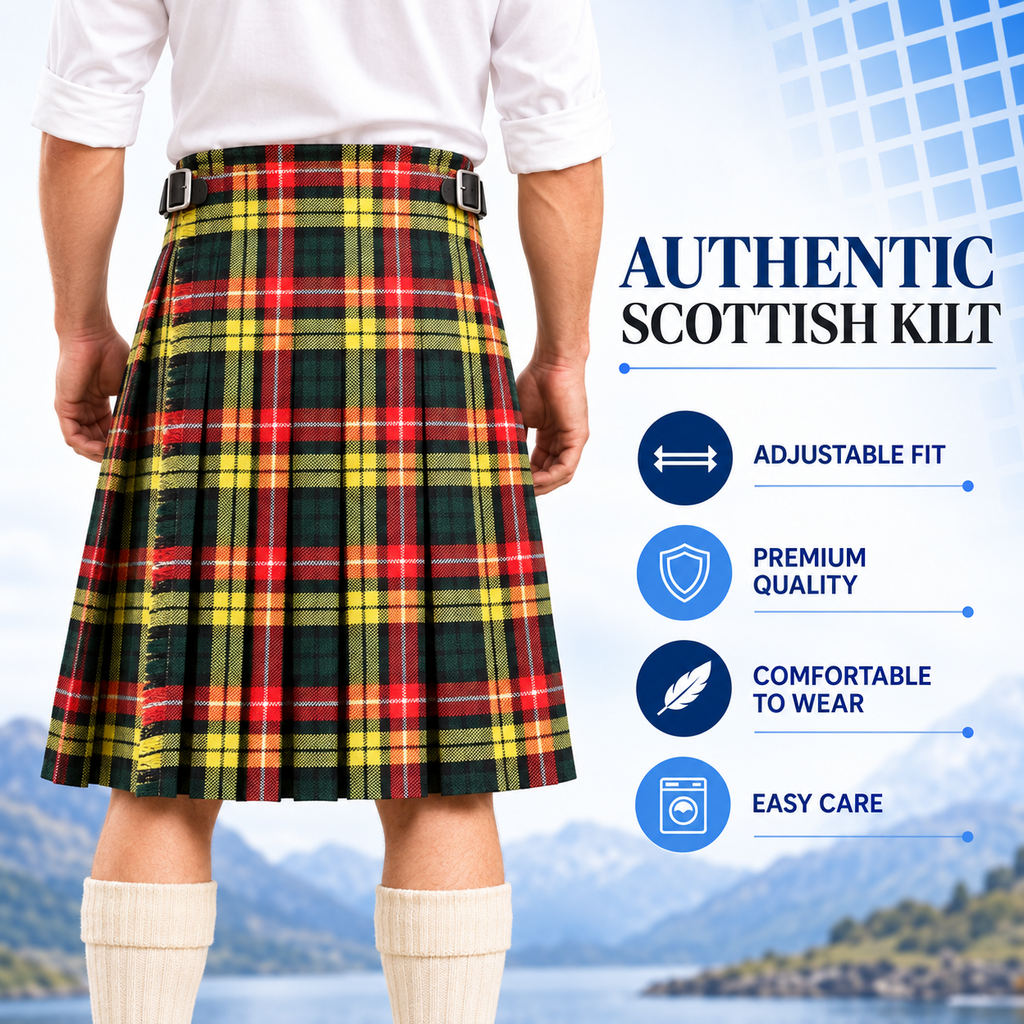 Authentic Scottish Men's Tartan Kilts - Highland Light Weight Value Kilt Embrace Your Heritage with Comfort Buchanan Tartan Kilt