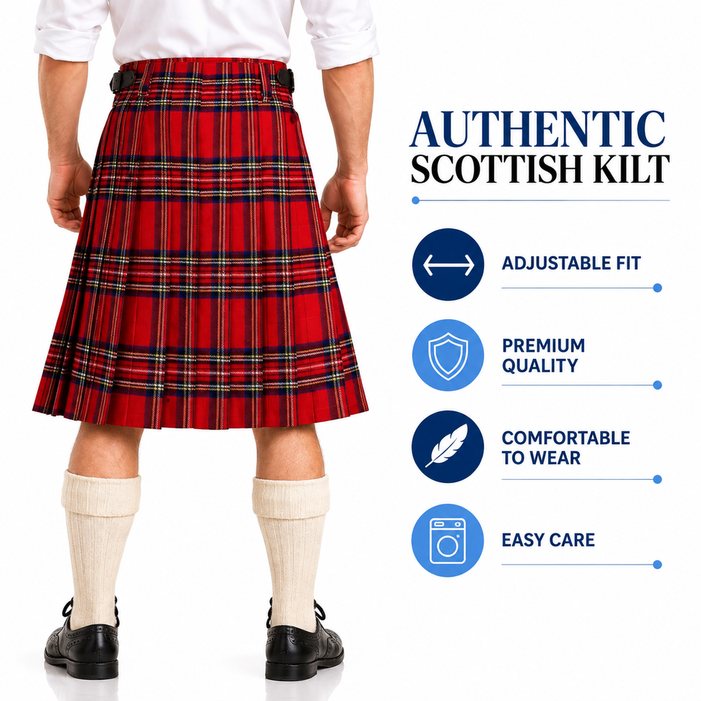 Authentic Scottish Men's Tartan Kilts - Highland Light Weight Value Kilt Embrace Your Heritage with Comfort Royal Stewart Tartan Kilt