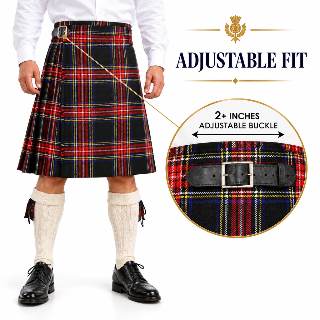Authentic Scottish Men's Tartan Kilts - Highland Light Weight Value Kilt Embrace Your Heritage with Comfort Black Stewart Tartan Kilt