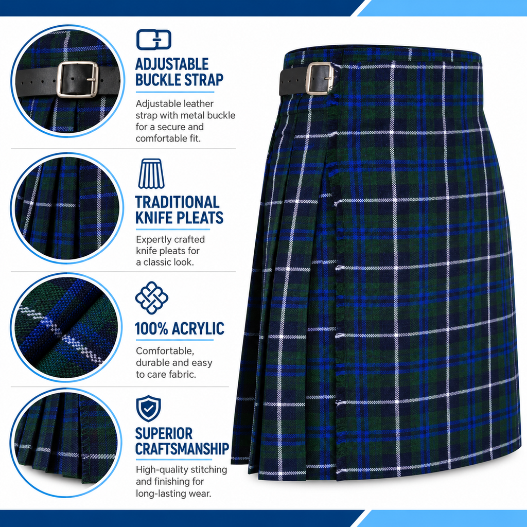 Authentic Scottish Men's Tartan Kilts - Highland Light Weight Value Kilt Embrace Your Heritage with Comfort Blue Douglas Tartan Kilt