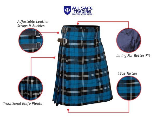Men's 5 Yard Scottish Tartan Kilt, Highland Wedding Kilt, Blue Ramsay Tartan Kilt