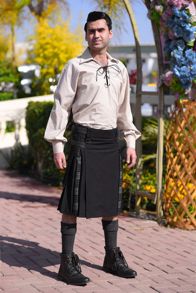 Men's Grey watch Tartan Hybrid Kilt with Cargo Pockets, Utility Kilt