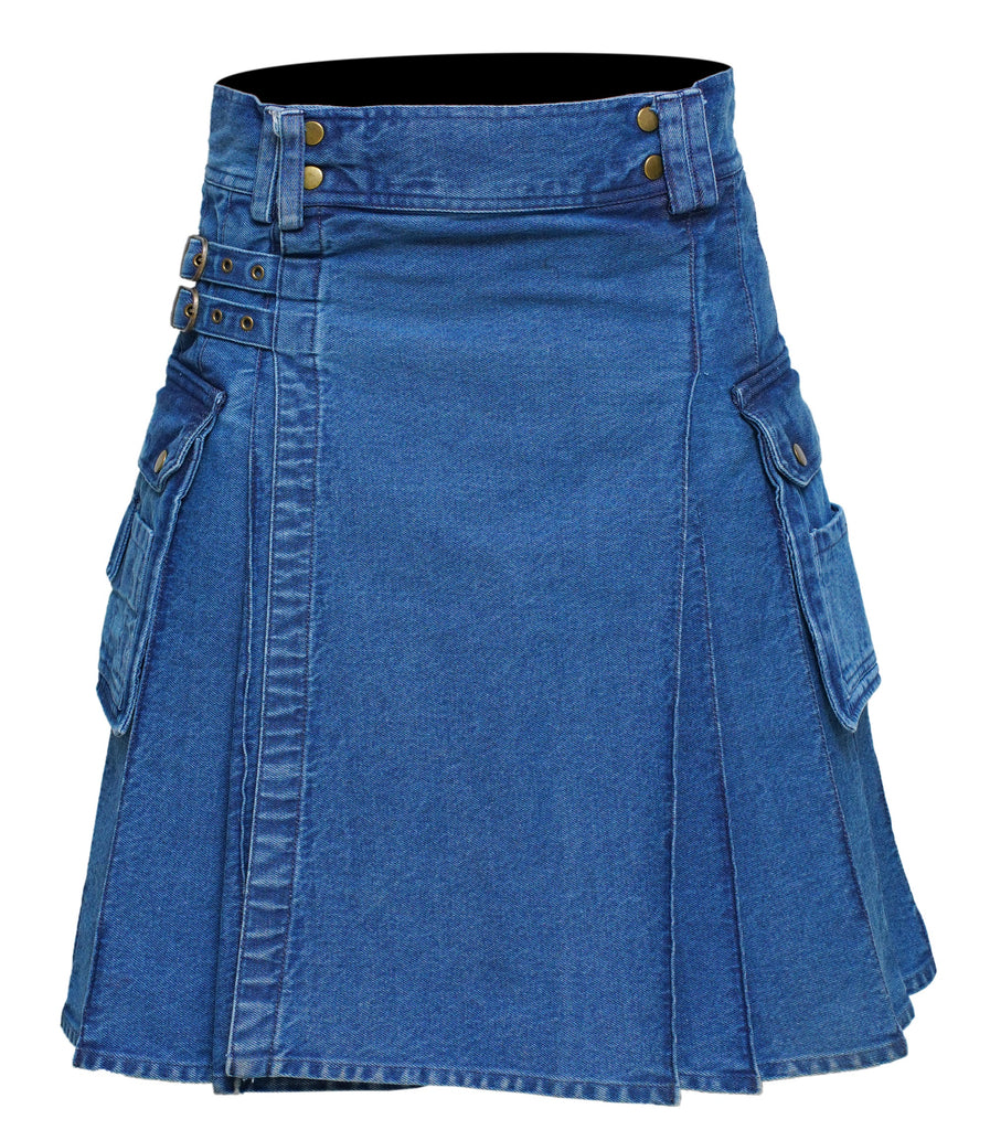 Men's Deluxe Utility Denim Kilt - Modern Utility Kilt for Men, Authentic Jean Kilts with Tactical Style