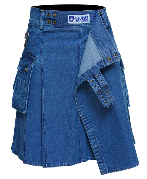 Men's Deluxe Utility Denim Kilt - Modern Utility Kilt for Men, Authentic Jean Kilts with Tactical Style