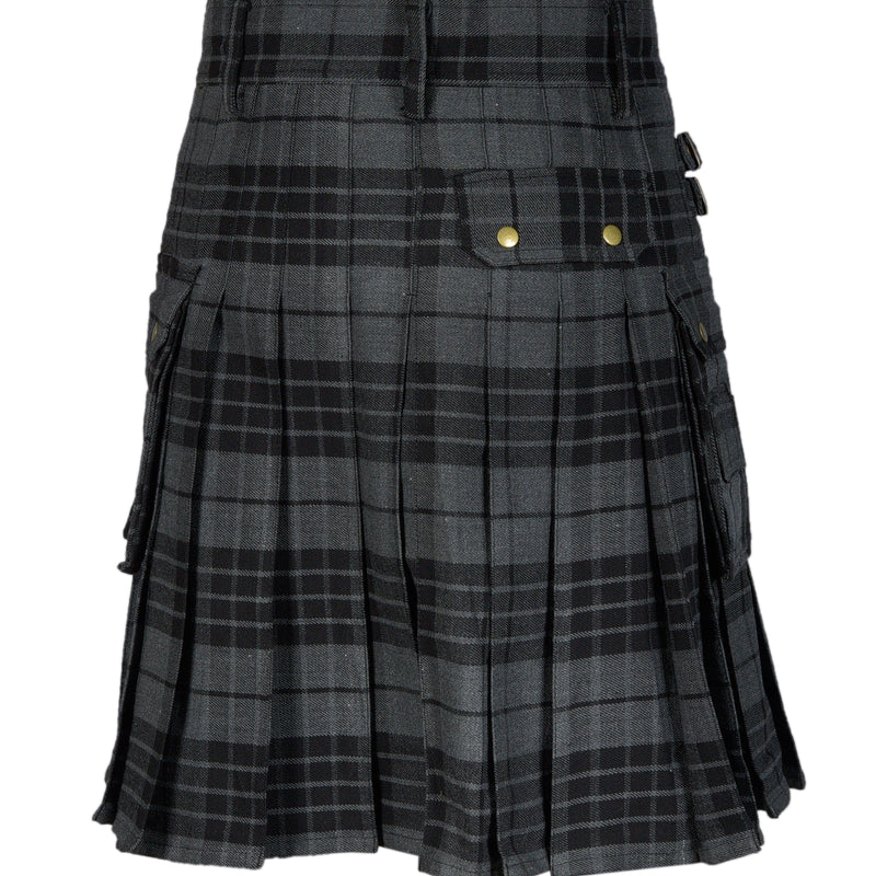 Scottish Men's Modern Grey Watch 16oz Tartan Pockets Utility Kilt, Cargo Kilt