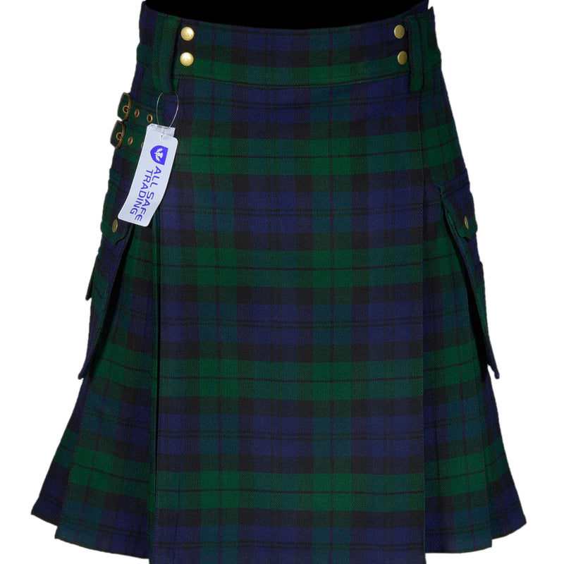 Scottish Men's Modern Black Watch 16oz Tartan Pockets Utility Kilt, Cargo Kilt
