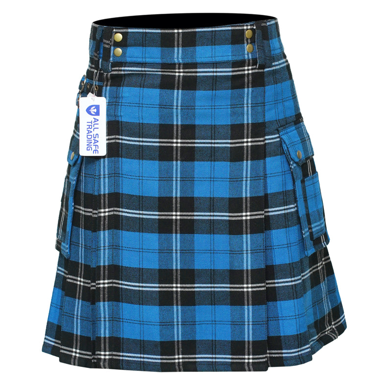 Scottish Men's Modern Blue Ramsay 16oz Tartan Pockets Utility Kilt, Cargo Kilt