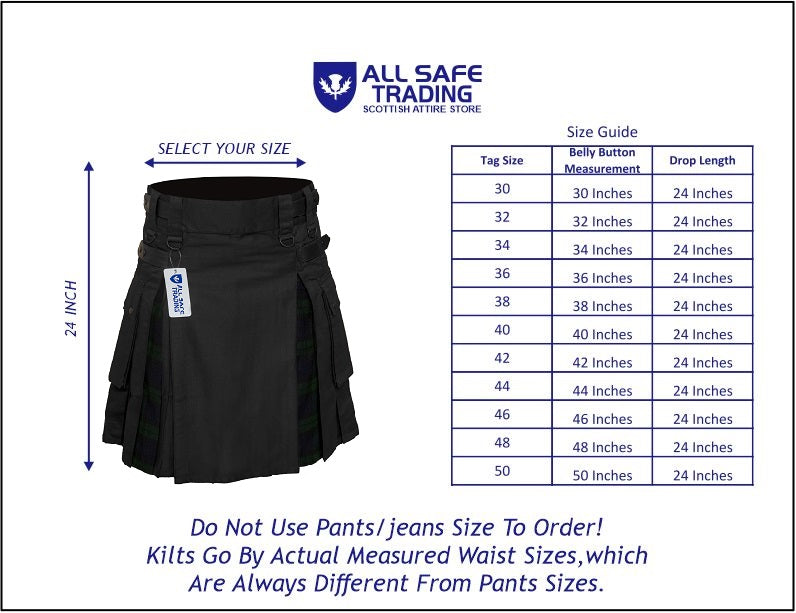 Men's Black watch Tartan Hybrid Kilt with Cargo Pockets, Utility Kilt
