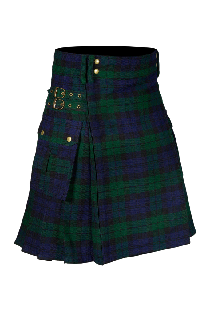 Scottish Men's Modern Black Watch 16oz Tartan Pockets Utility Kilt, Cargo Kilt