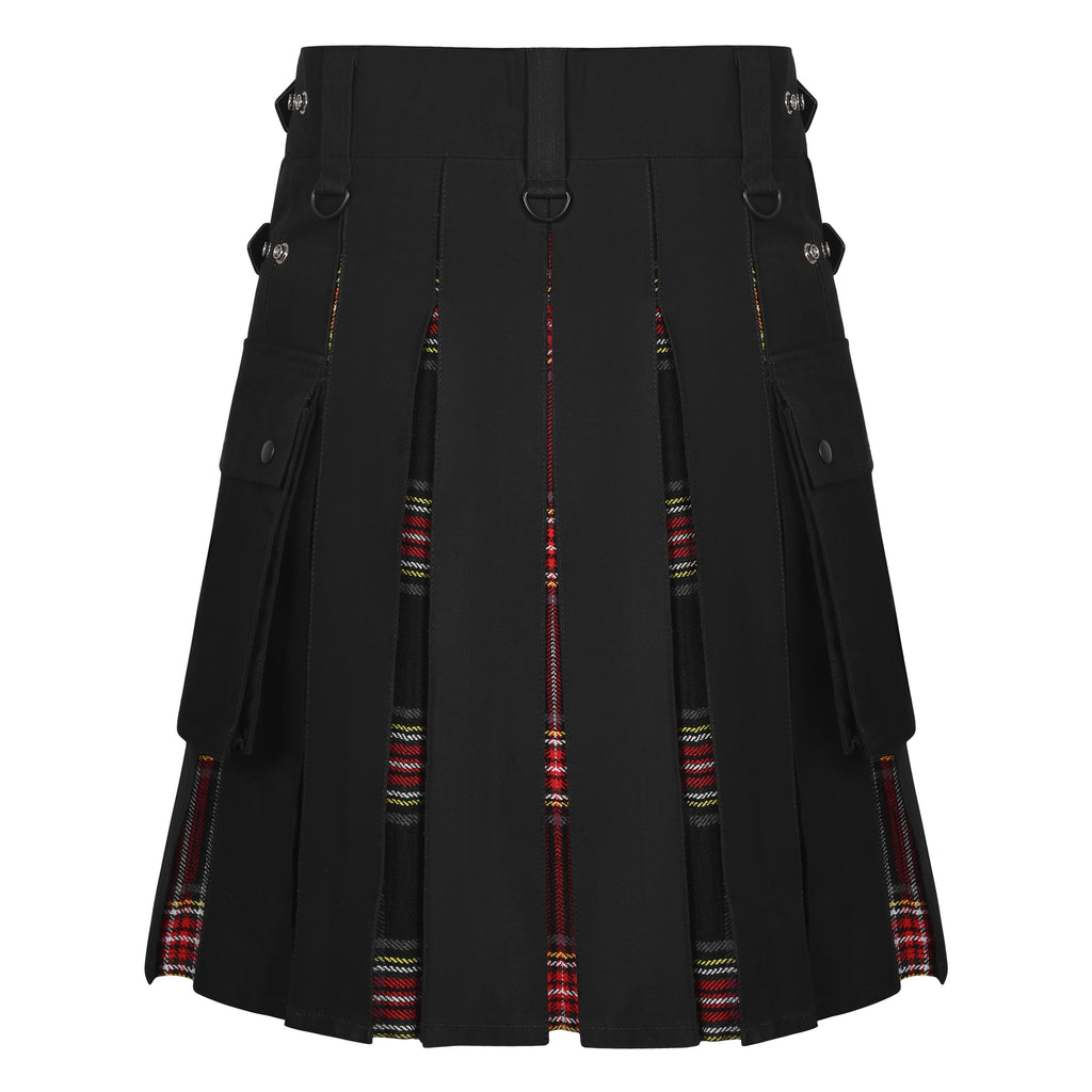 Men's Black Stewart Tartan Hybrid Kilt with Cargo Pockets, Utility Kilt