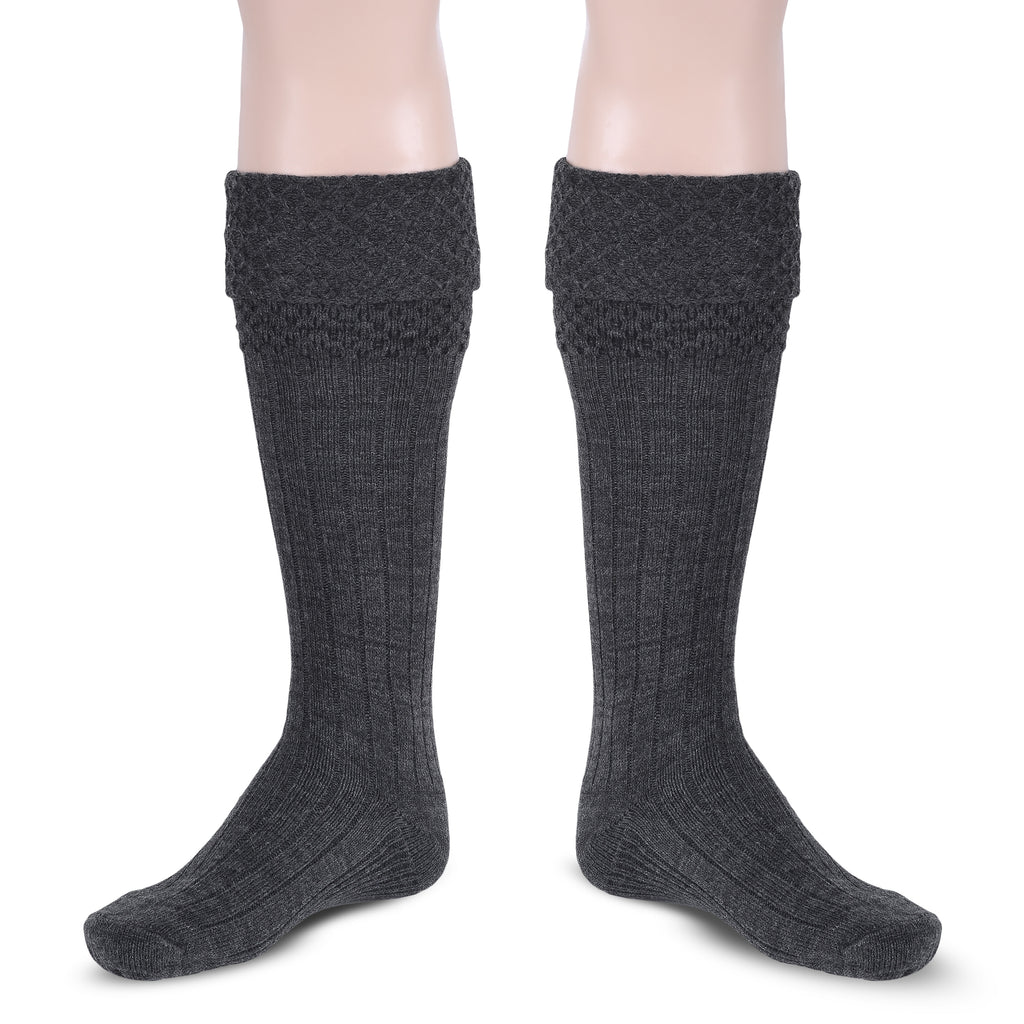 Scottish Bubbles Kilt Hose for Men, Ribbed Socks for USA Shoe Sizes - Charcoal Grey