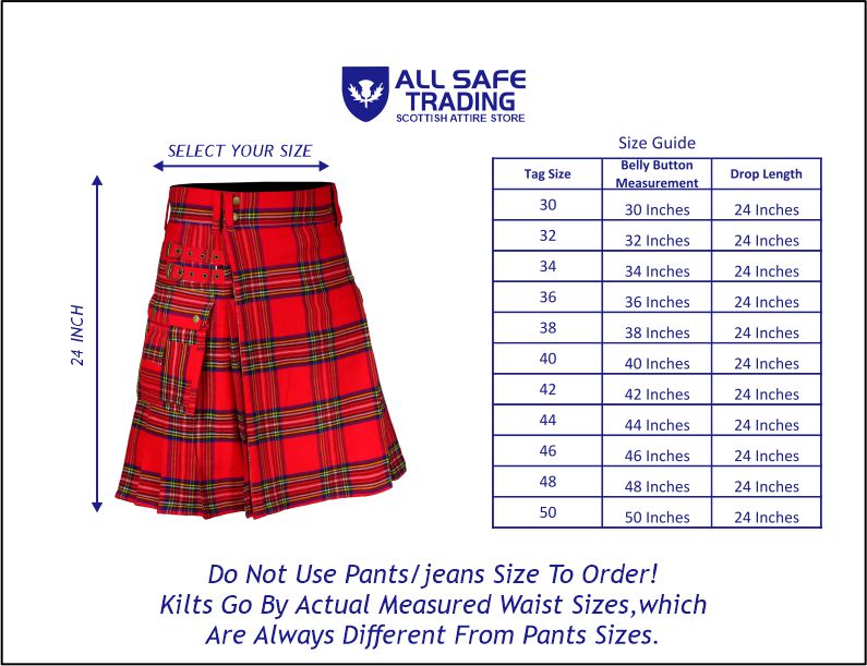 Scottish Men's Modern Royal Stewart 16oz Tartan Pockets Utility Kilt, Cargo Kilt