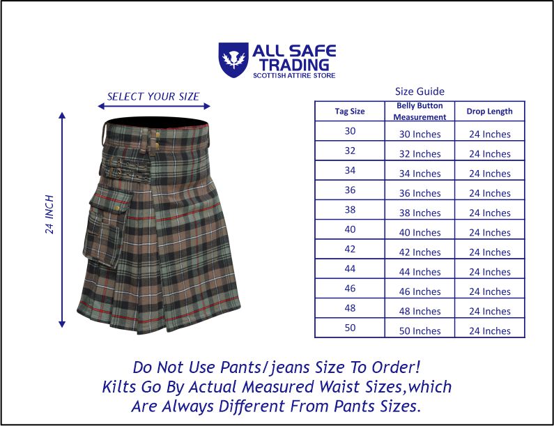 Scottish Men's Modern Mackenzie Weathered 16oz Tartan Pockets Utility Kilt, Cargo Kilt