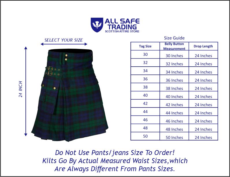 Scottish Men's Modern Black Watch 16oz Tartan Pockets Utility Kilt, Cargo Kilt