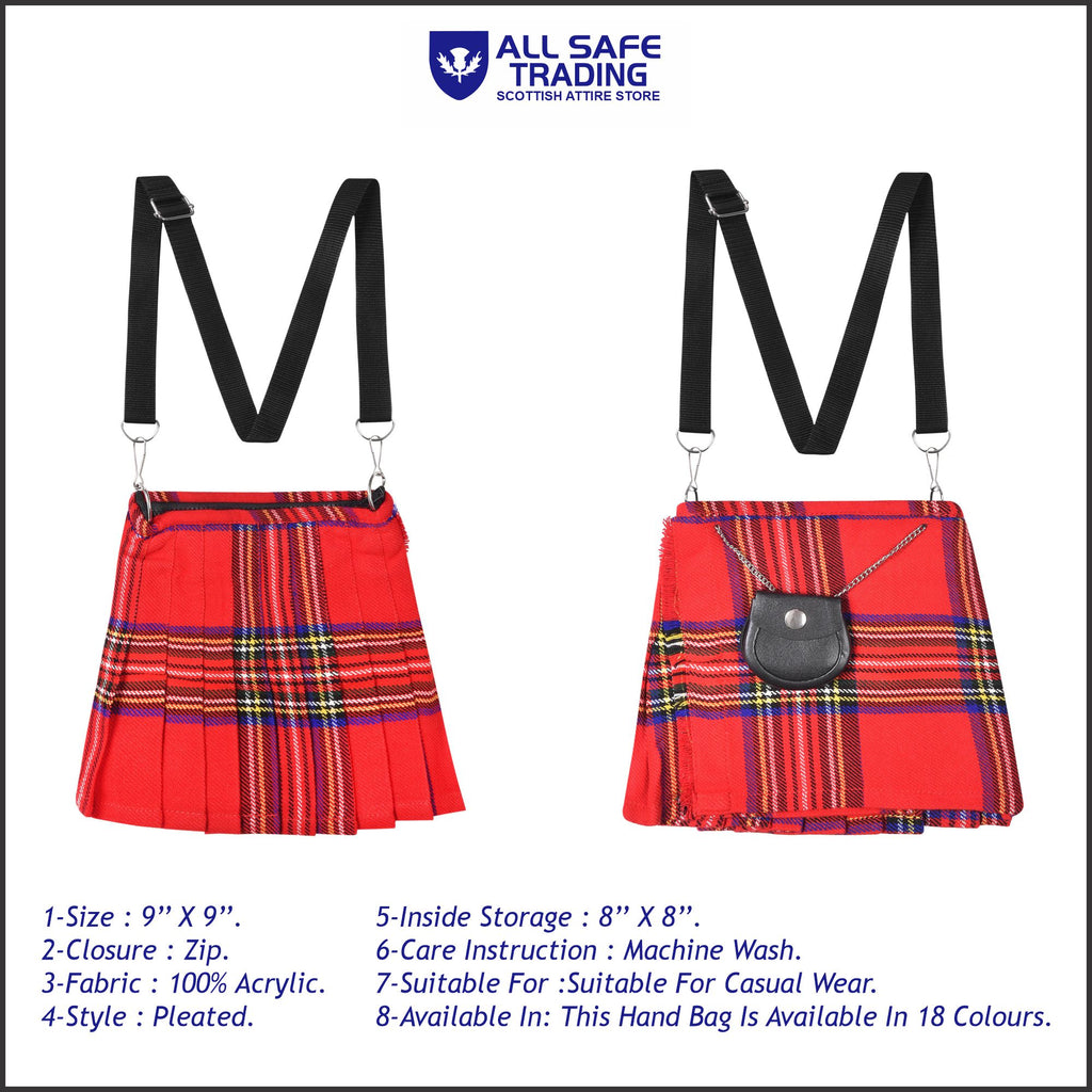 Traditional Scottish Women Tartan Bag Pleated Crossbody Purse - Adjustable Straps, Zip Closure Royal Stewart Tartan