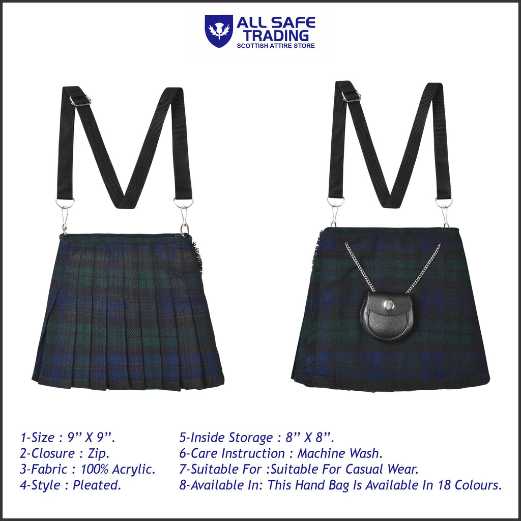 Traditional Scottish Women Tartan Bag Pleated Crossbody Purse - Adjustable Straps, Zip Closure Black Watch Tartan