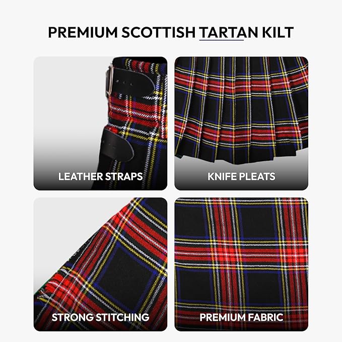 Men’s Scottish 5 Yard Kilt – Black Stewart Tartan, Traditional Highland & Formal Wedding Wear